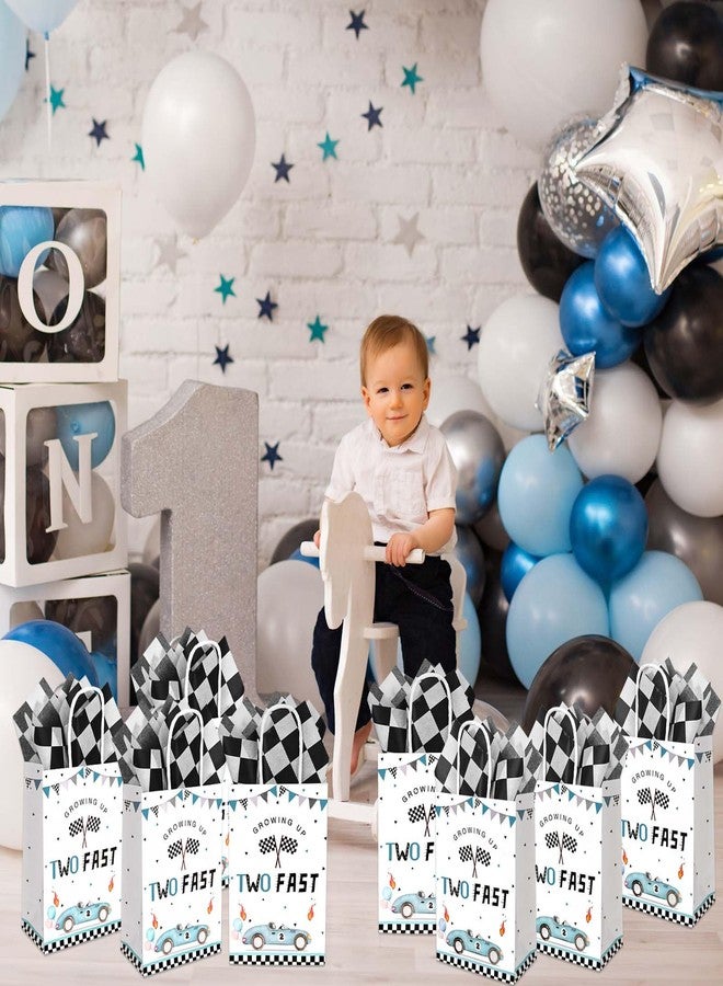 Bolsome 24PCS Two Fast Racing Car Birthday Gift Bags with Checkered Tissue Paper, Blue Race Car Checkered Favors Bag with Handles for 2nd Birthday Party Supplies - Image 5
